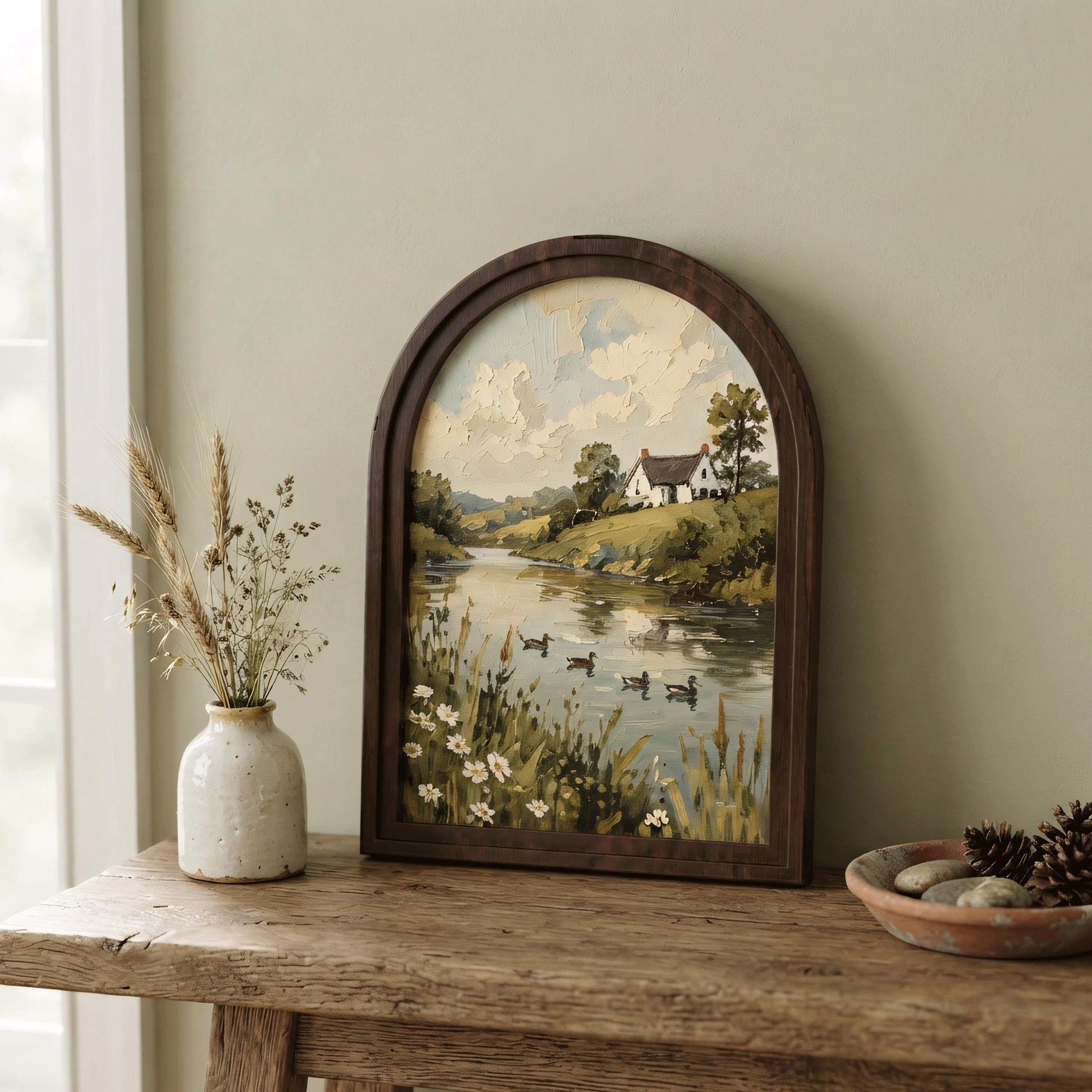 Peaceful Countryside Lake Wall Art in Arched Wood Frame, Vintage Cottage Landscape Print, Rustic Farmhouse Decor, Duck Lake Wall Hanging - Image 6