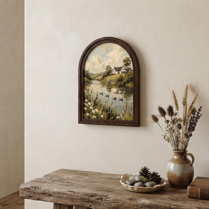 Peaceful Countryside Lake Wall Art in Arched Wood Frame, Vintage Cottage Landscape Print, Rustic Farmhouse Decor, Duck Lake Wall Hanging - Image 5