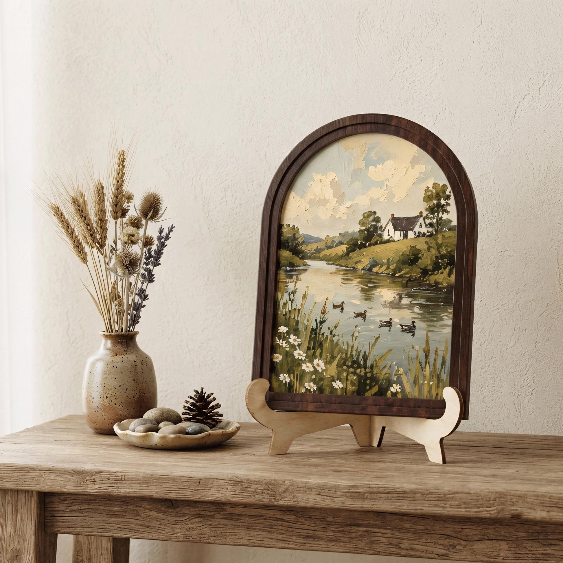 Peaceful Countryside Lake Wall Art in Arched Wood Frame, Vintage Cottage Landscape Print, Rustic Farmhouse Decor, Duck Lake Wall Hanging - Image 7