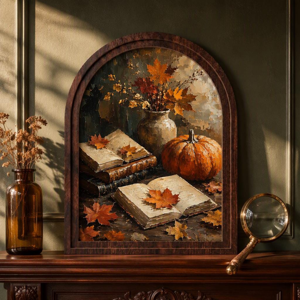 Fall Harvest Wall Art with Pumpkin, Books & Maple Leaves, Arched Wooden Frame Vintage Autumn Print, Warm Seasonal Decor - Image 1