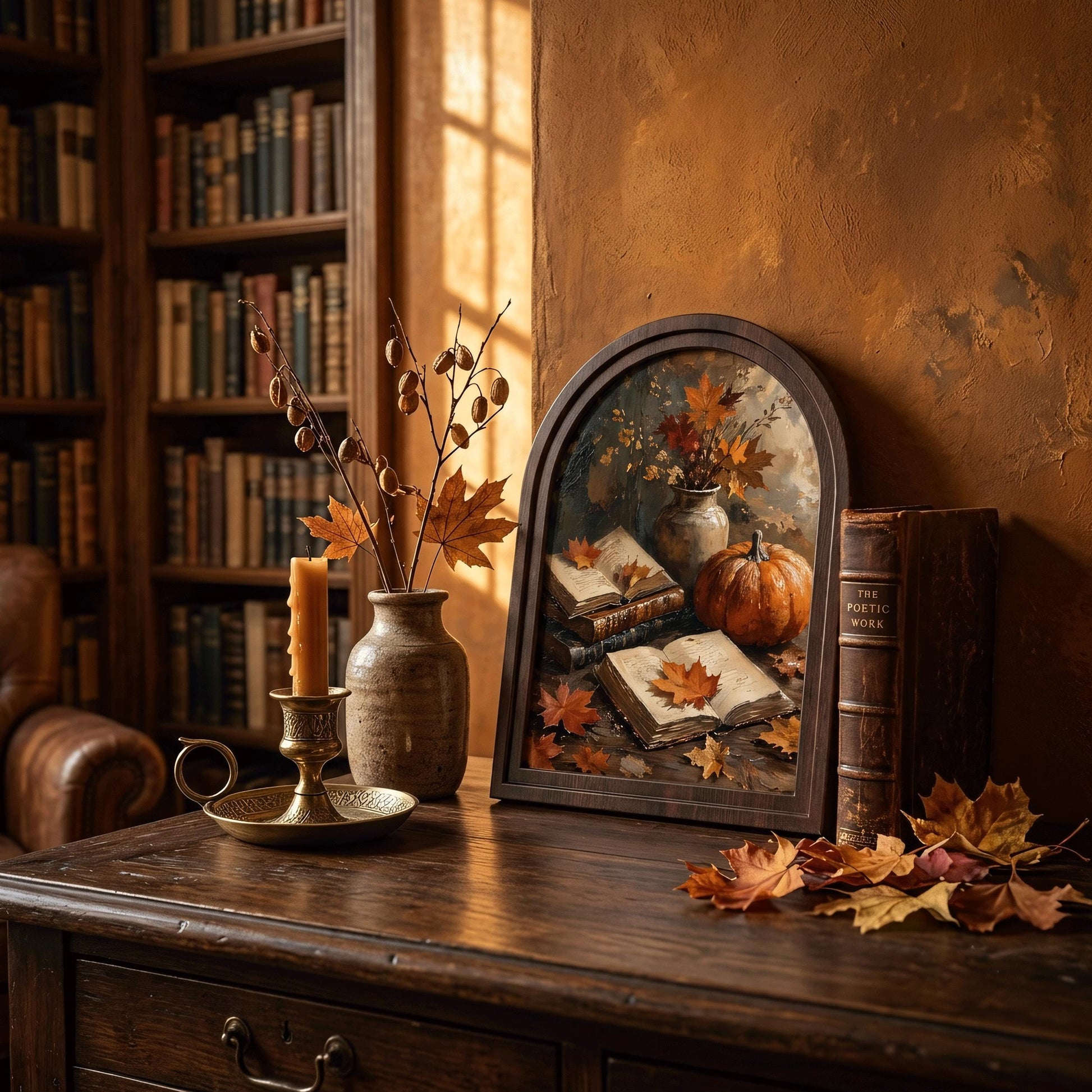 Fall Harvest Wall Art with Pumpkin, Books & Maple Leaves, Arched Wooden Frame Vintage Autumn Print, Warm Seasonal Decor - Image 5