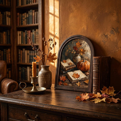 Fall Harvest Wall Art with Pumpkin, Books & Maple Leaves, Arched Wooden Frame Vintage Autumn Print, Warm Seasonal Decor - Image 5