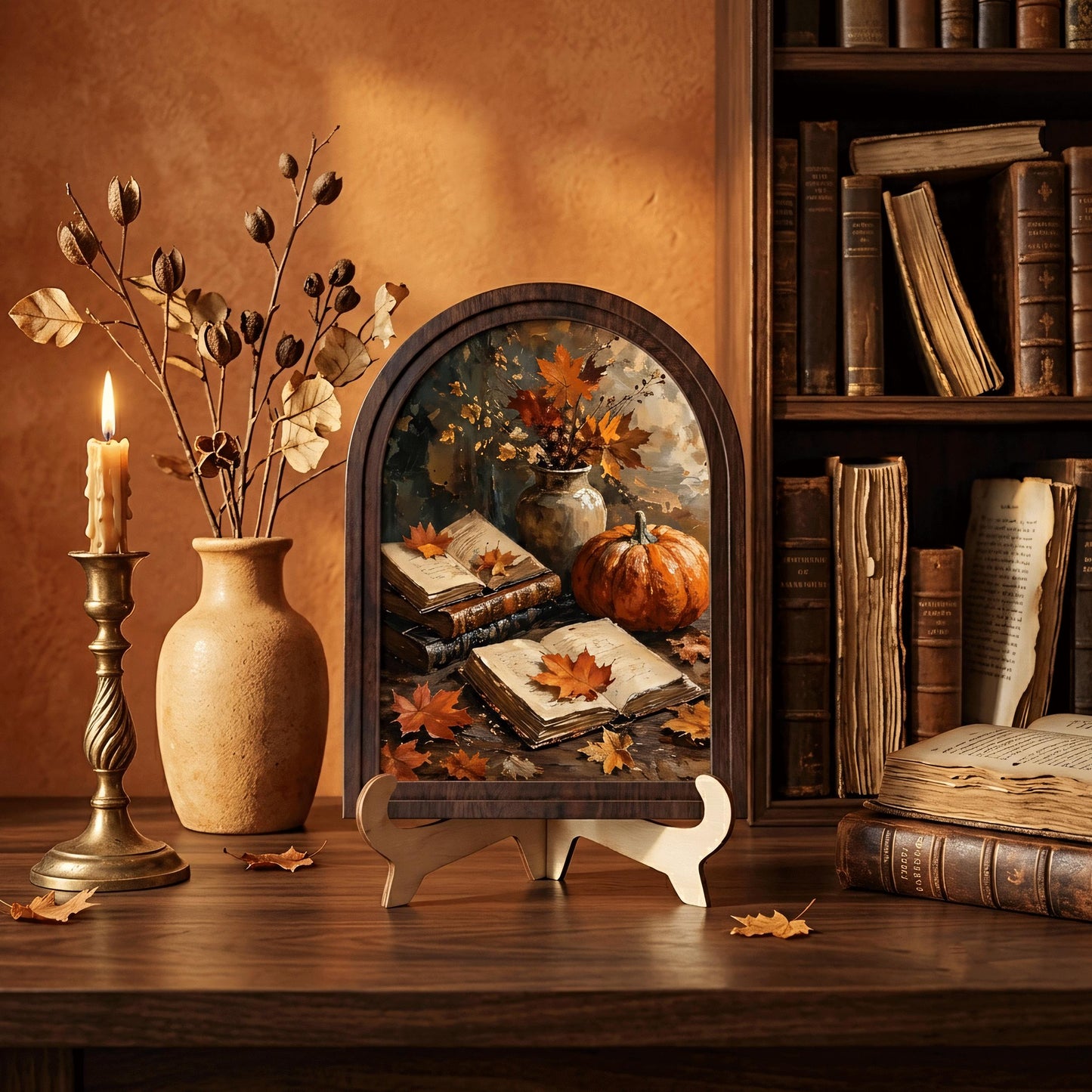 Fall Harvest Wall Art with Pumpkin, Books & Maple Leaves, Arched Wooden Frame Vintage Autumn Print, Warm Seasonal Decor - Image 7